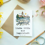 Herzliche Grußkarte aus Ingolstadt mit Turm und Donau|p:2022972|h:350005a78c63e420ade6c61d85626966