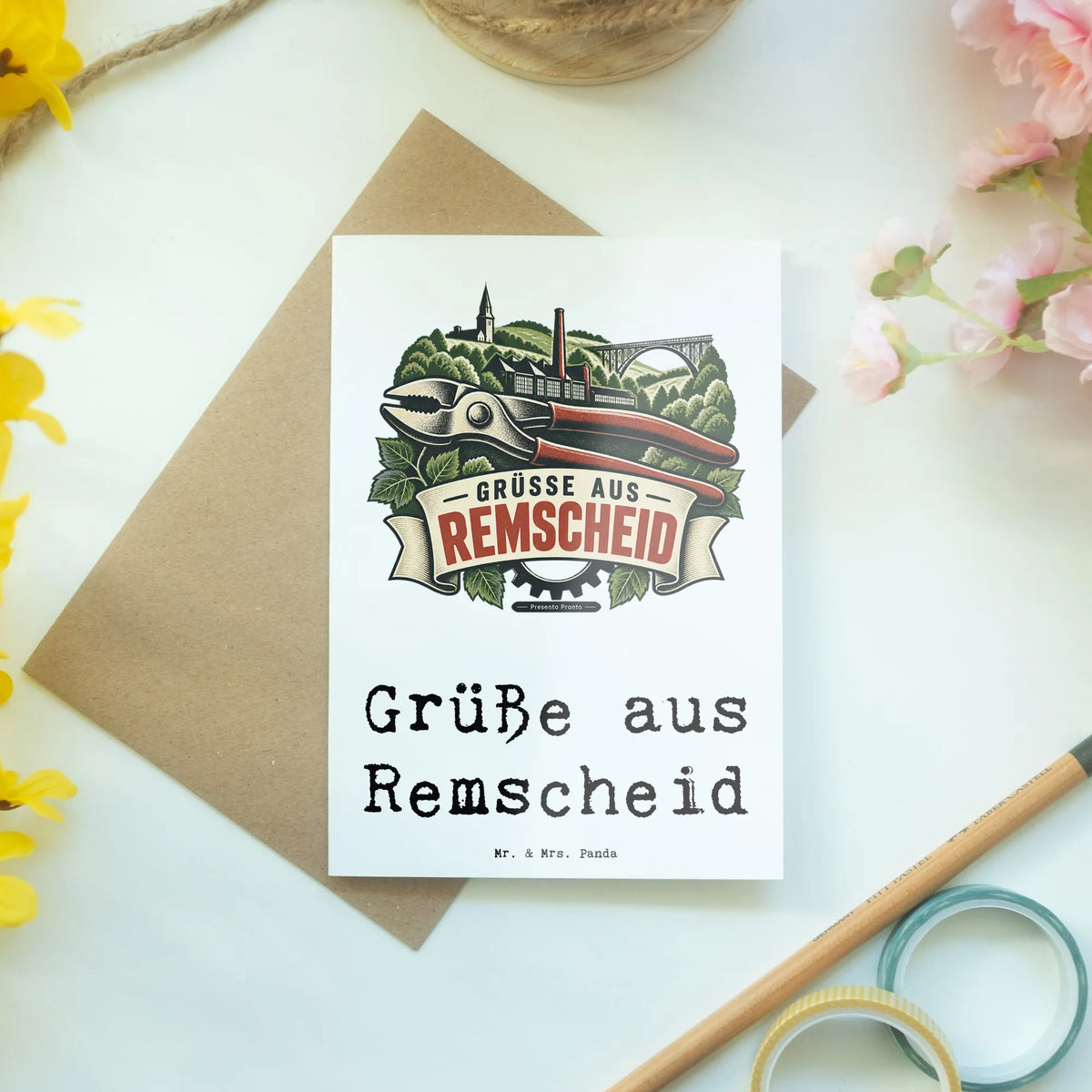 Herzliche Grußkarte aus Remscheid mit Werkzeug und Brücke