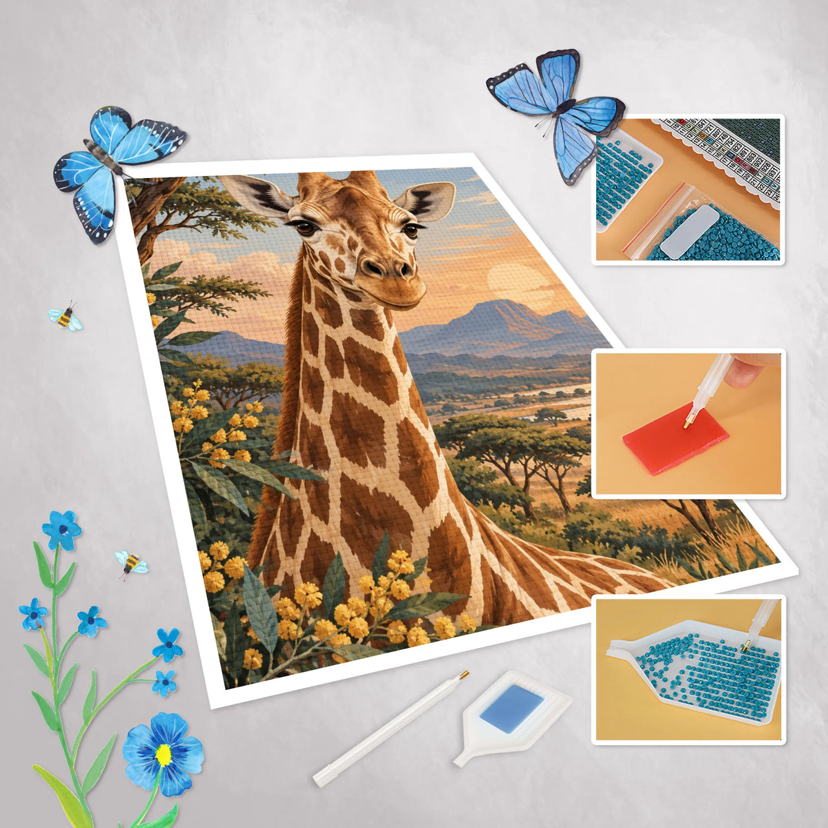 Entspannendes Diamond Painting mit Giraffe in Savanne für Tierfans