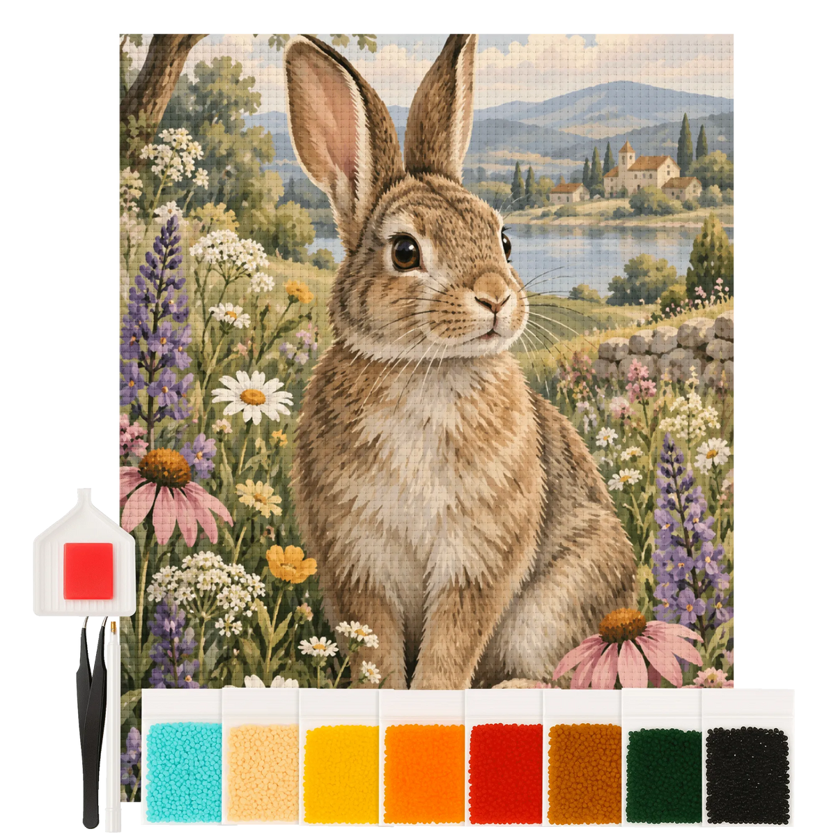 Friedliches Diamond Painting Hase mit Blumenwiese für Hasenfans