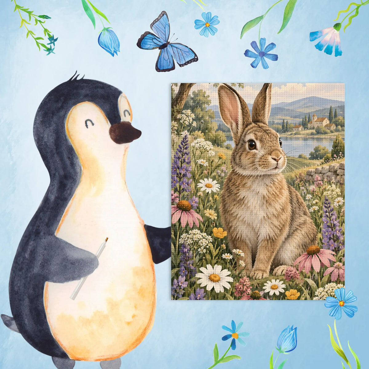 Friedliches Diamond Painting Hase mit Blumenwiese für Hasenfans