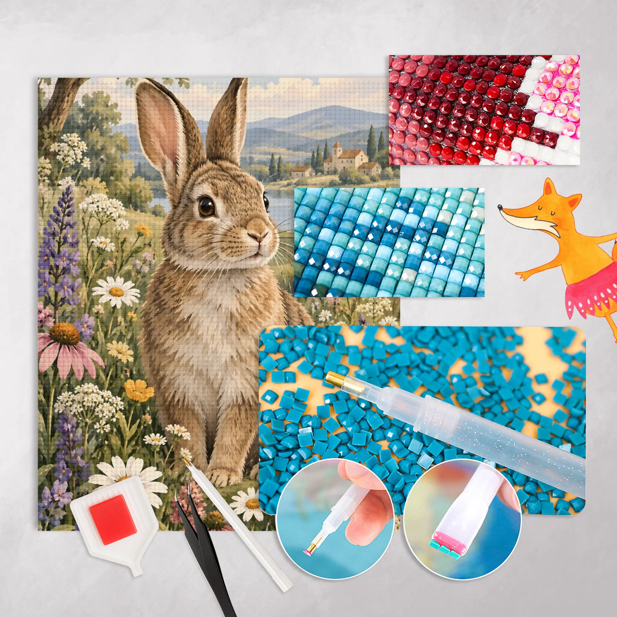 Friedliches Diamond Painting Hase mit Blumenwiese für Hasenfans