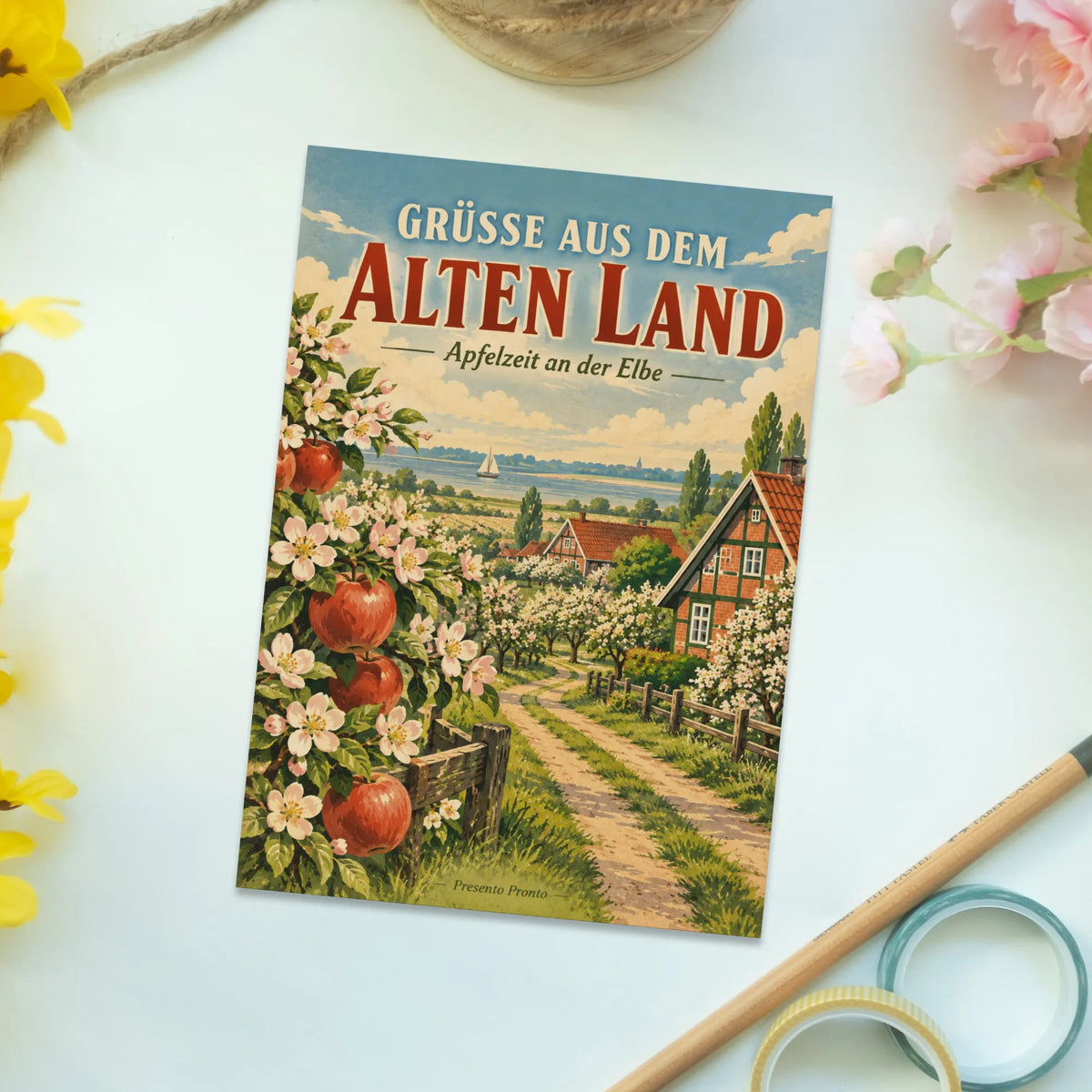 Nostalgische Postkarte Grüße aus dem Alten Land mit Apfelgarten