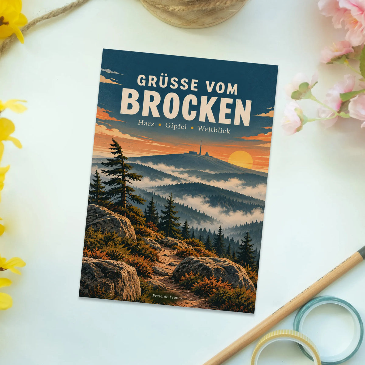 Herzliche Grüße vom Brocken Postkarte mit Kiefernwald