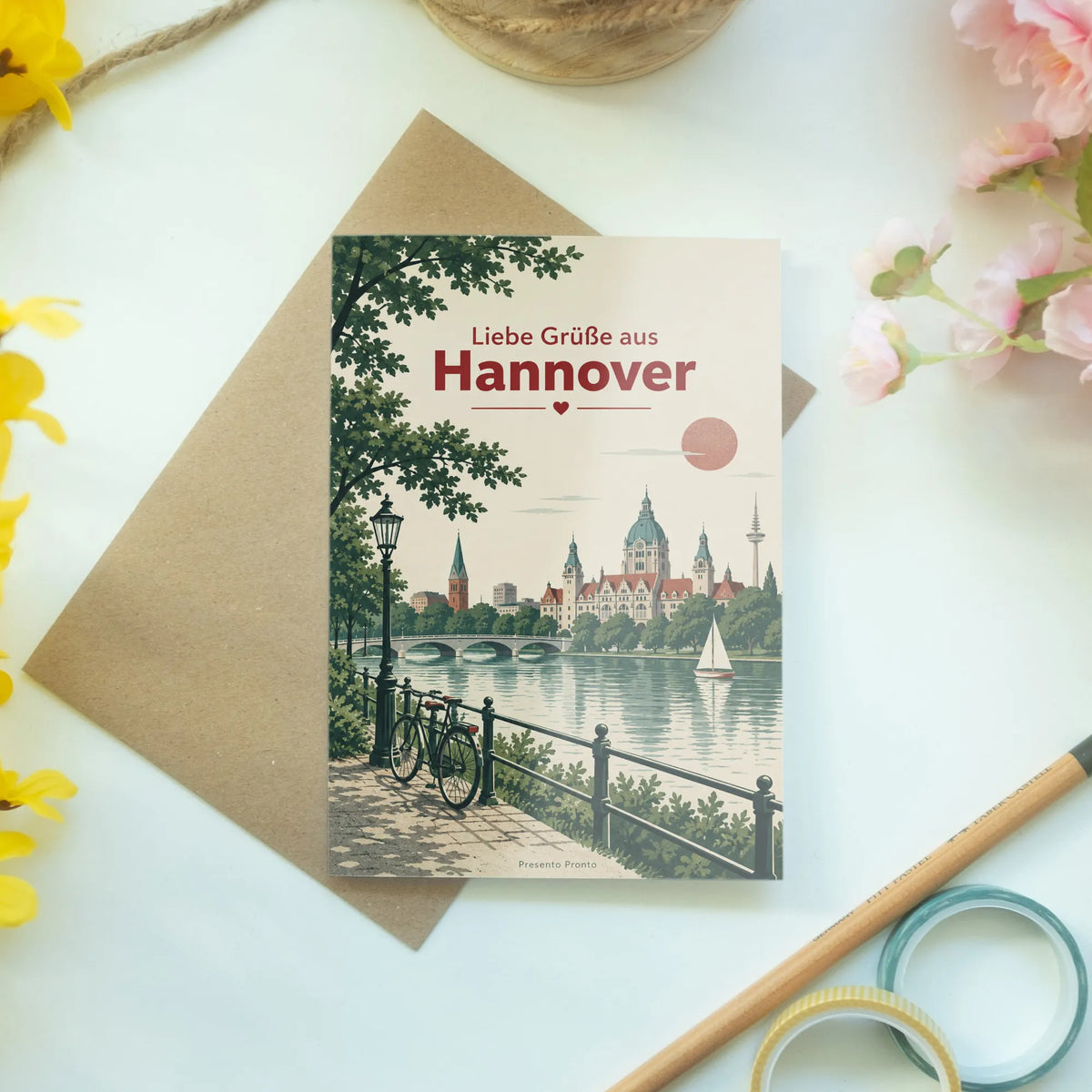Herzliche Urlaubskarte aus Hannover mit Fahrrädern am Fluss
