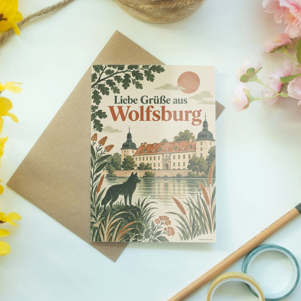 Elegante Grüße aus Wolfsburg Grußkarte mit Schloss|p:2023365|h:a16900042c6f40c1870a3518dae43602