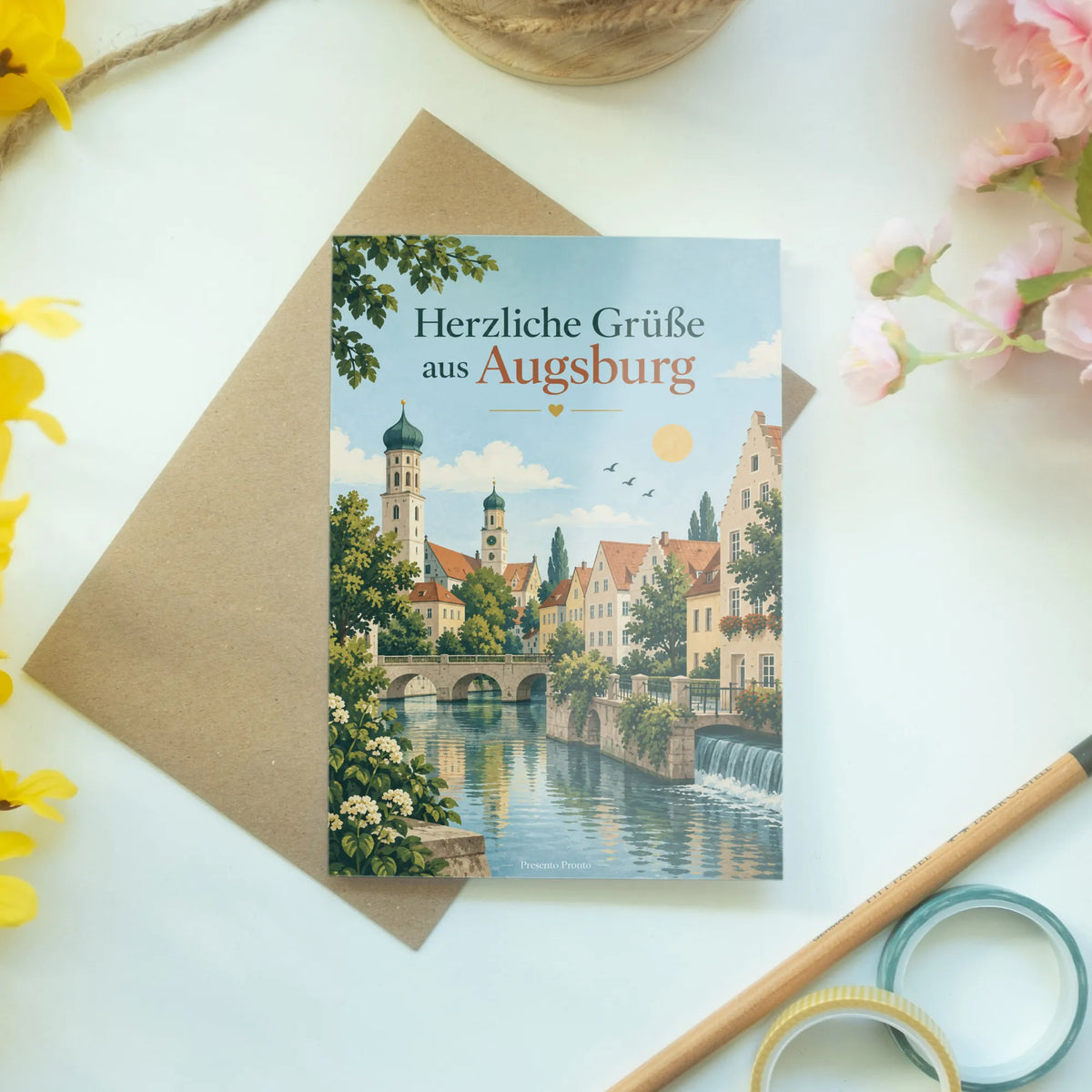 Herzliche Grußkarte aus Augsburg mit Stadtsilhouette