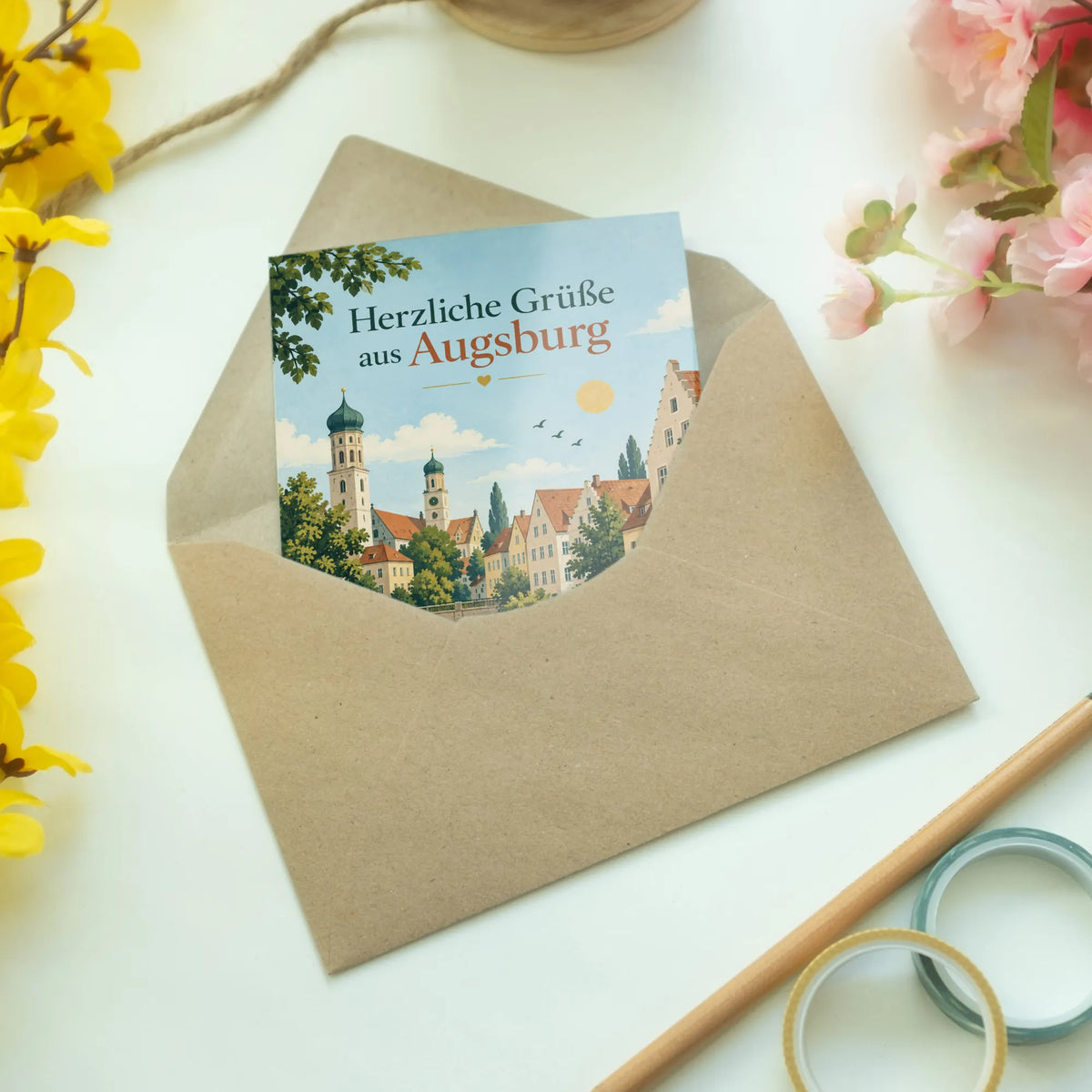 Herzliche Grußkarte aus Augsburg mit Stadtsilhouette