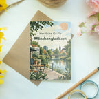 Herzliche Grußkarte aus Mönchengladbach mit Stadtsilhouette|p:2023383|h:3593a546288debf923eb945fe10a6767