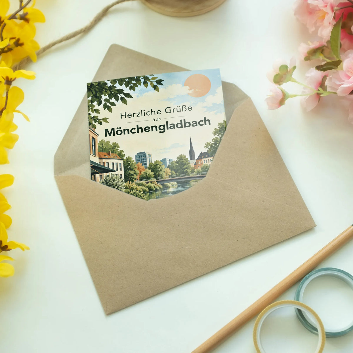 Herzliche Grußkarte aus Mönchengladbach mit Stadtsilhouette