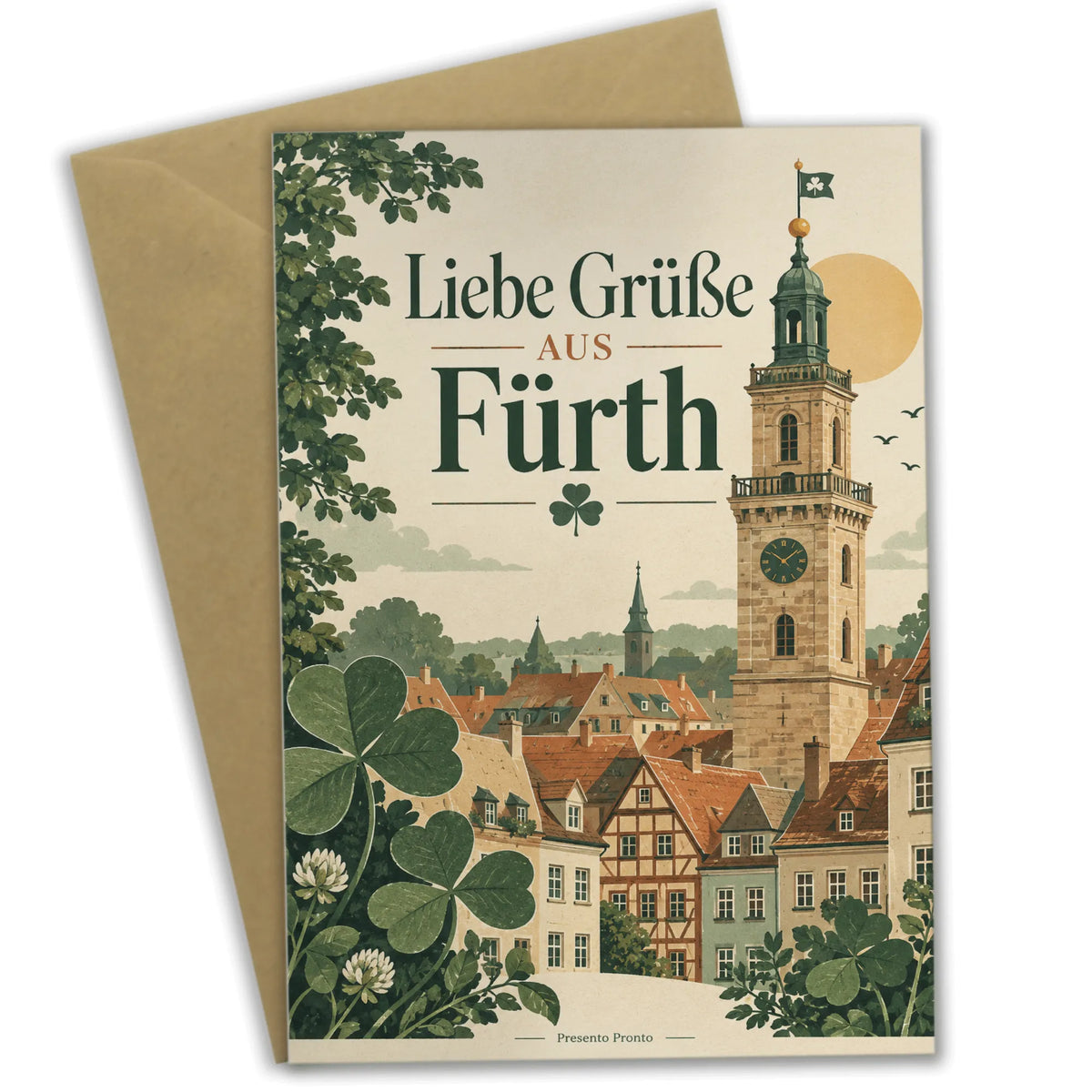 Herzliche Grußkarte aus Fürth mit Rathausturm und Kleeblättern
