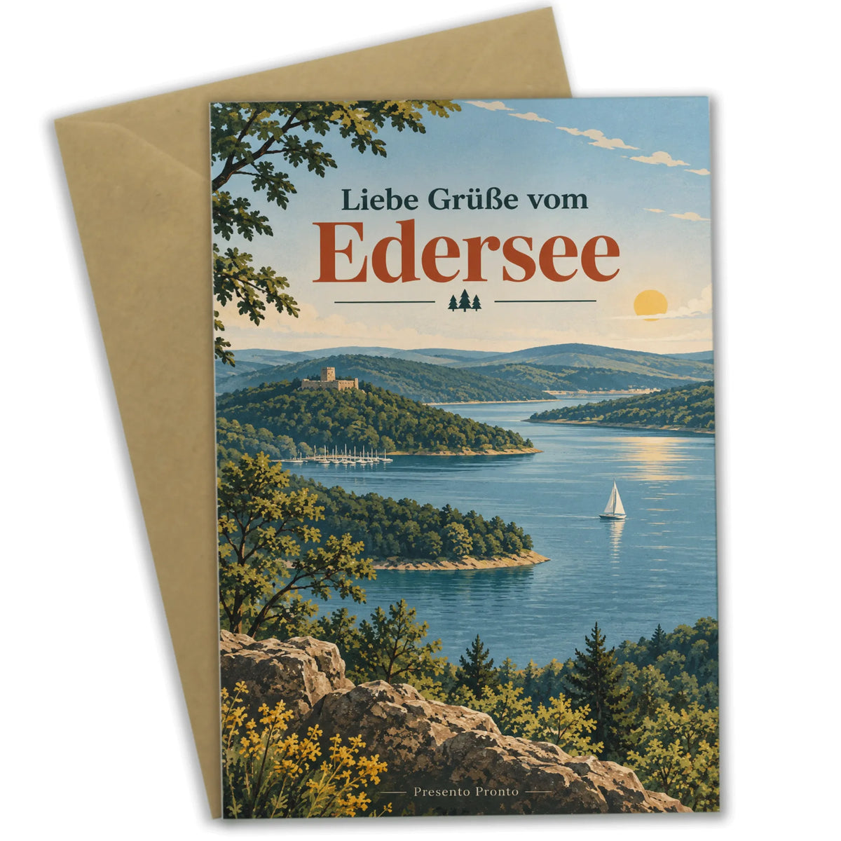 Herzliche Grußkarte vom Edersee mit Segelboot