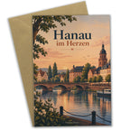 Herzliche Hanau Grußkarte mit Stadtsilhouette am Main|p:2023412|h:d5e86d2c250cd5821a4a5ca228598714