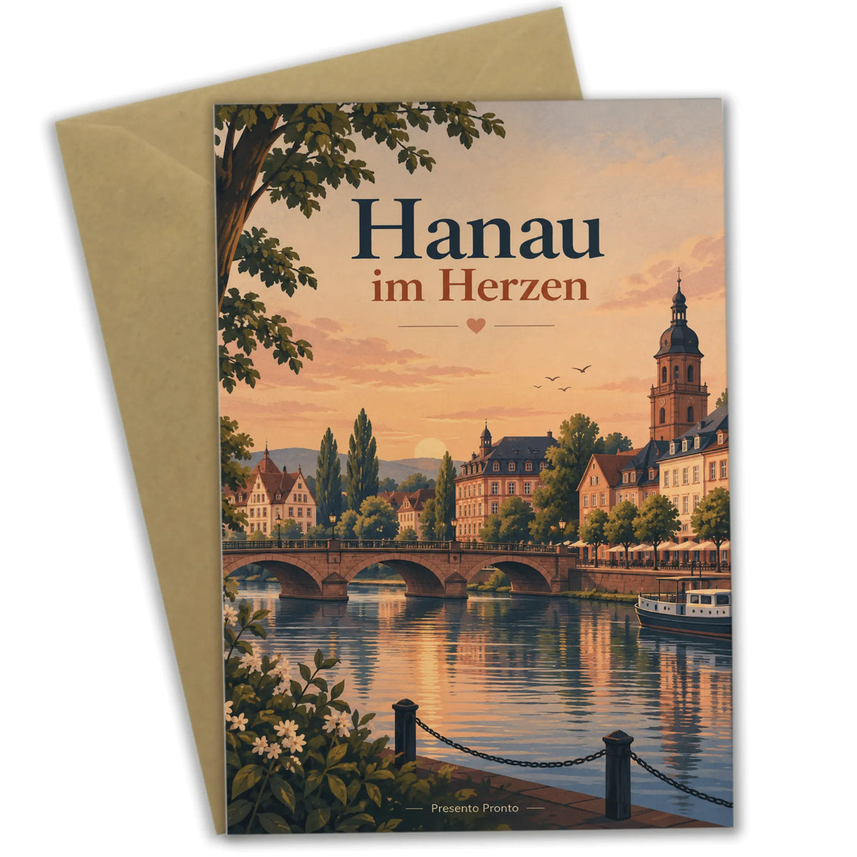 Herzliche Hanau Grußkarte mit Stadtsilhouette am Main