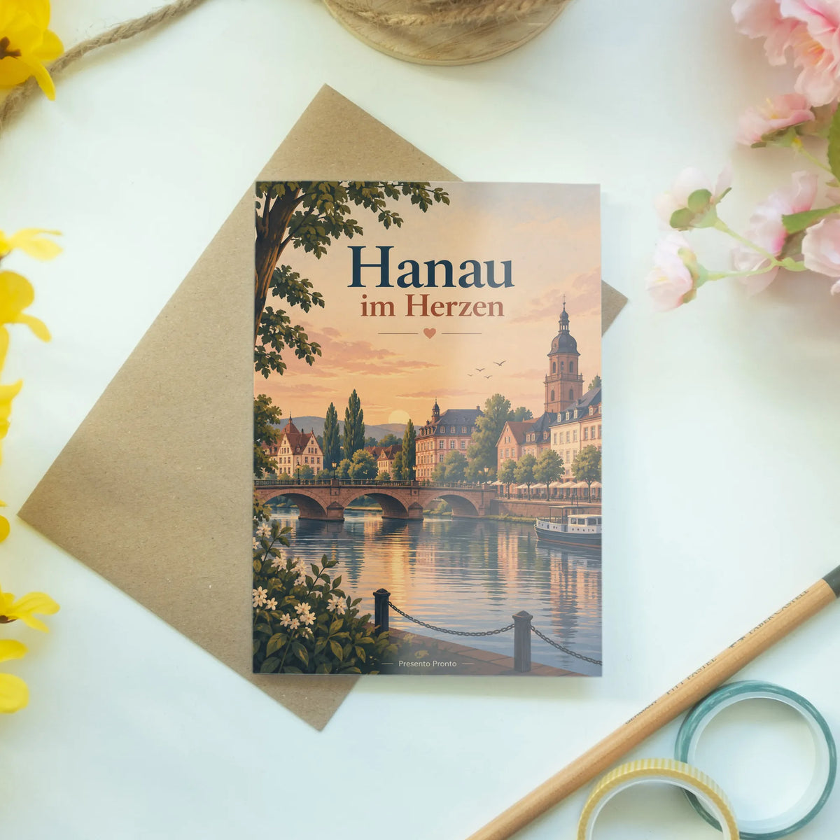 Herzliche Hanau Grußkarte mit Stadtsilhouette am Main