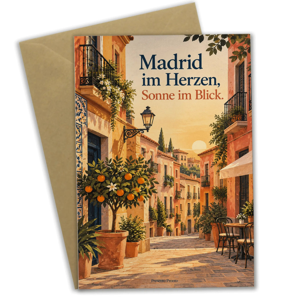 Sonnige Madrid Grußkarte für Spanienfans mit Orangenbaum|p:2023419|h:3fe307e6eec1a42810d0eb0994f2ef77