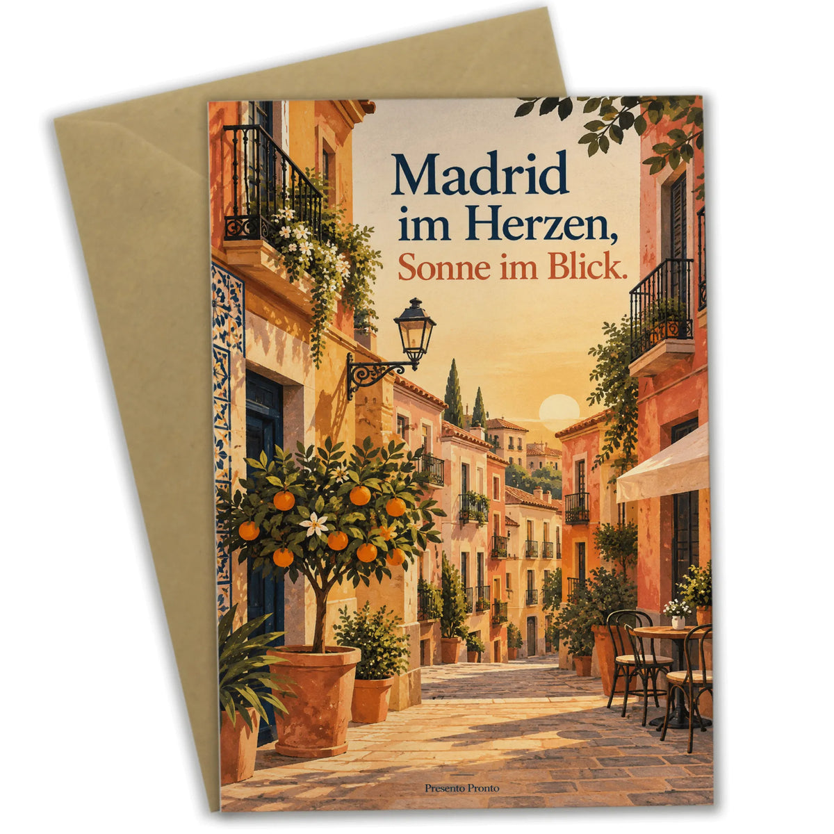 Sonnige Madrid Grußkarte für Spanienfans mit Orangenbaum
