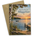 Herzliche Grußkarte vom Müggelsee mit Ruderboot im Abendlicht