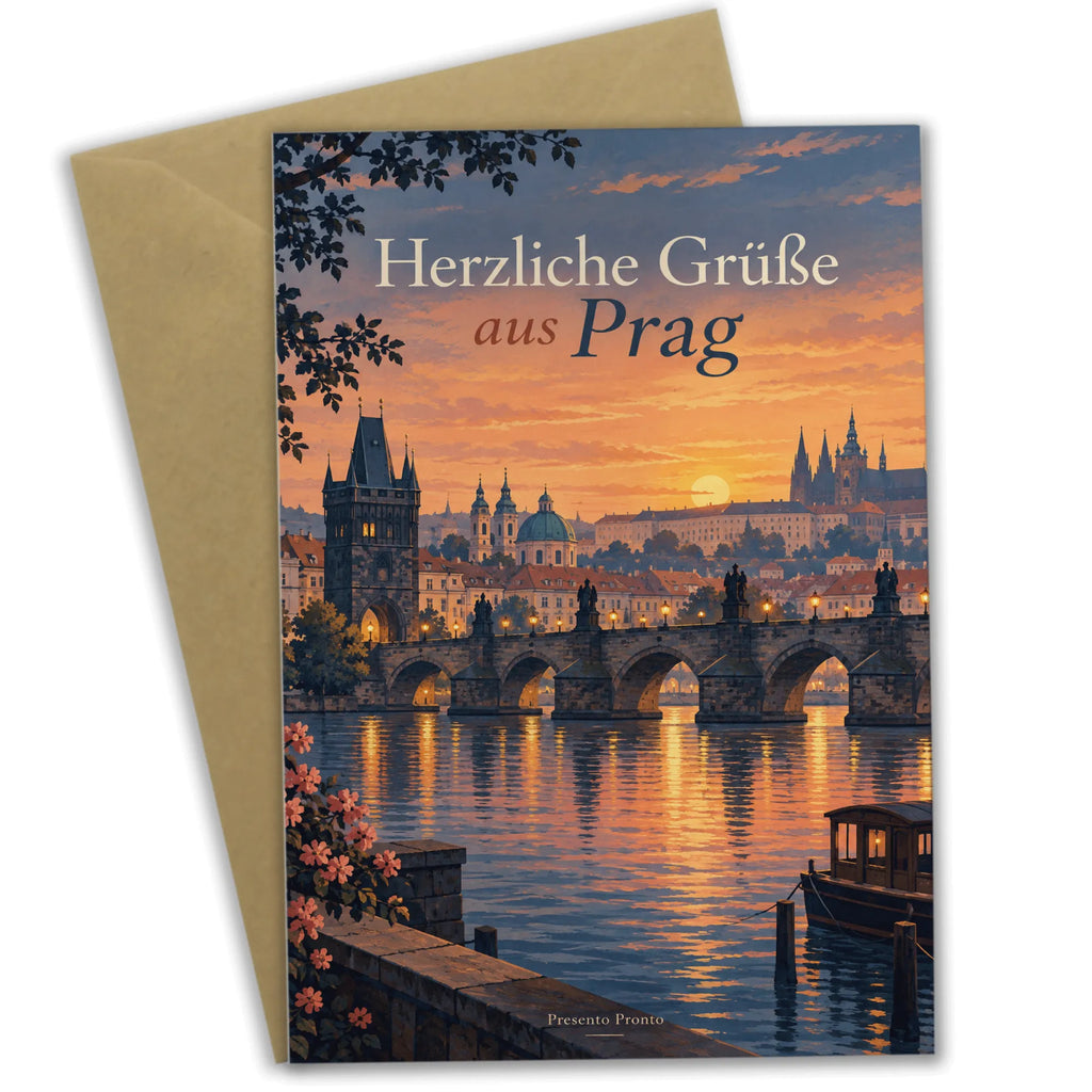 Elegante Grußkarte aus Prag mit Karlsbrücke zur goldenen Stunde|p:2023433|h:01f8ab8e4cbc1dbe015a5e1d624f7d36