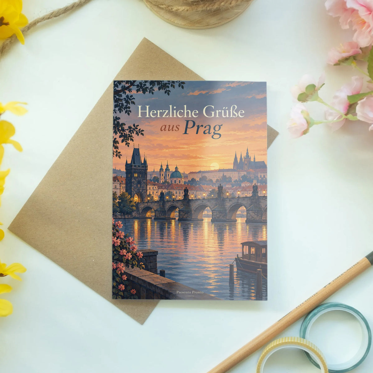 Elegante Grußkarte aus Prag mit Karlsbrücke zur goldenen Stunde