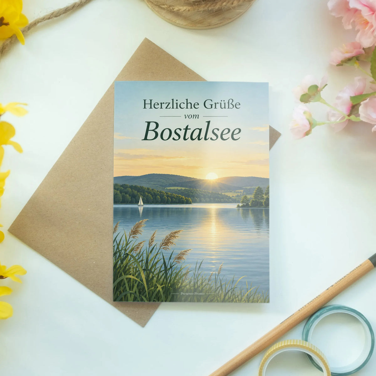 Herzliche Grußkarte vom Bostalsee mit Sonnenaufgang