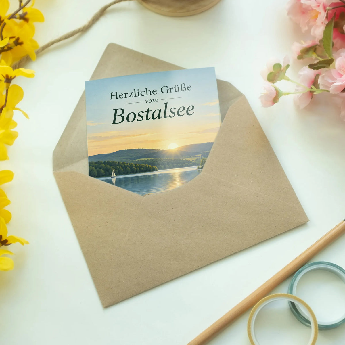 Herzliche Grußkarte vom Bostalsee mit Sonnenaufgang