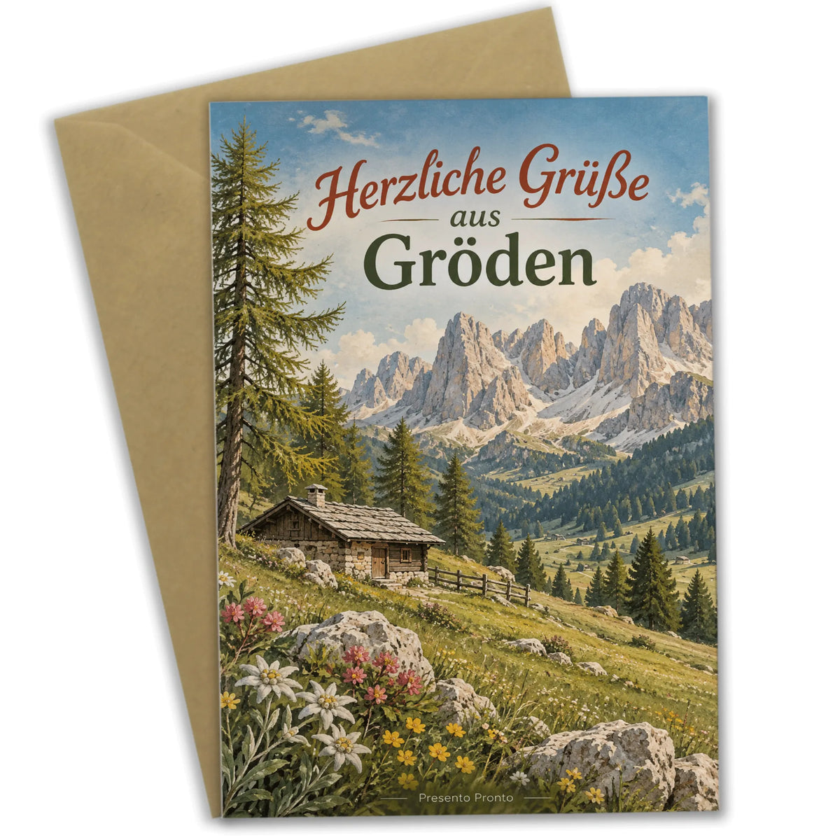 Herzliche Grüße aus Gröden Karte mit Berghütte