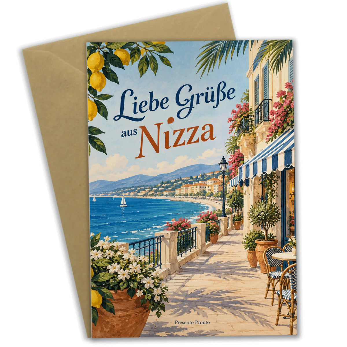 Sonnige Grußkarte aus Nizza für Urlaubsgrüße mit Palmen