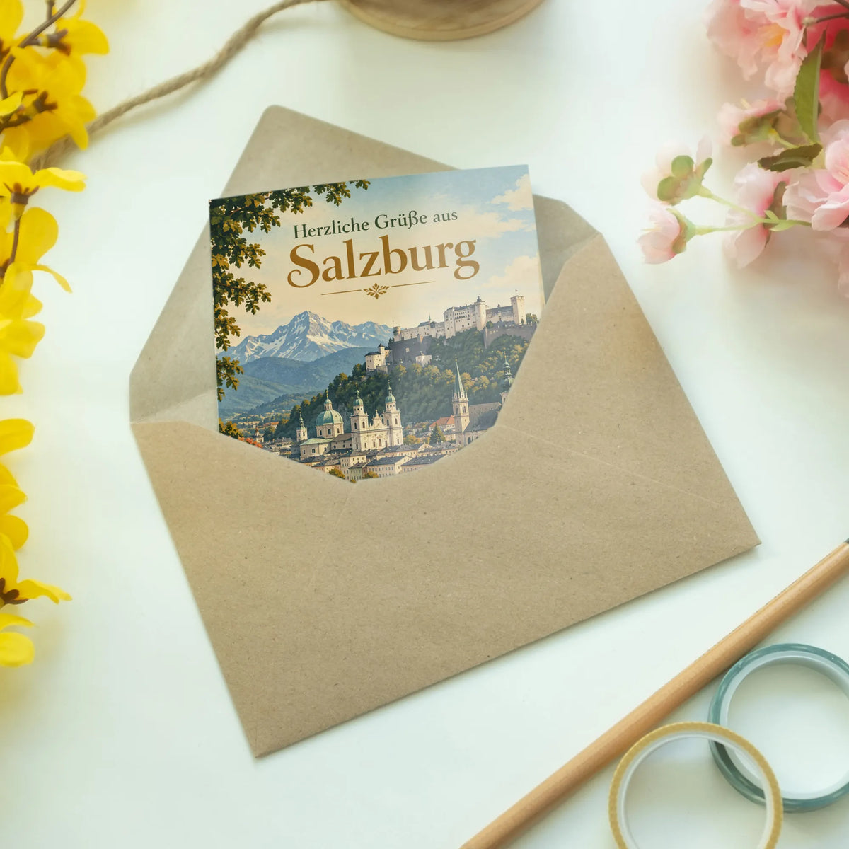Herzliche Grußkarte aus Salzburg mit Festung Hohensalzburg
