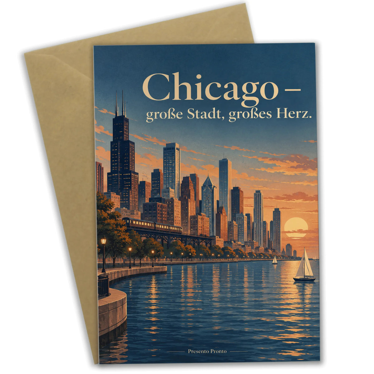 Elegante Chicago Grußkarte für Reisende mit Skyline im Abendlicht
