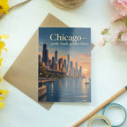 Elegante Chicago Grußkarte für Reisende mit Skyline im Abendlicht|p:2023460|h:a66b89aa7ced9f6d49e2fc6aa9c0f1fd