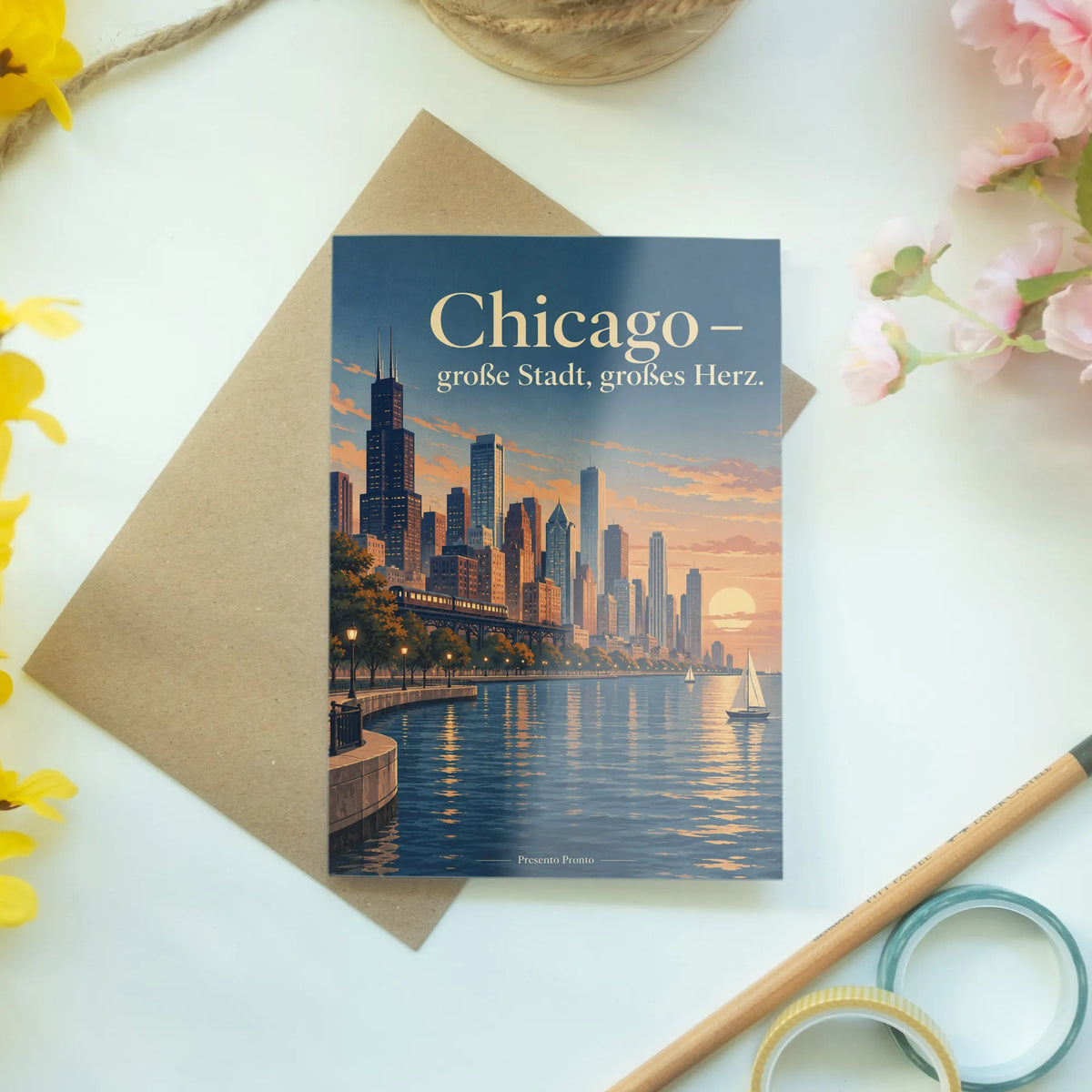 Elegante Chicago Grußkarte für Reisende mit Skyline im Abendlicht