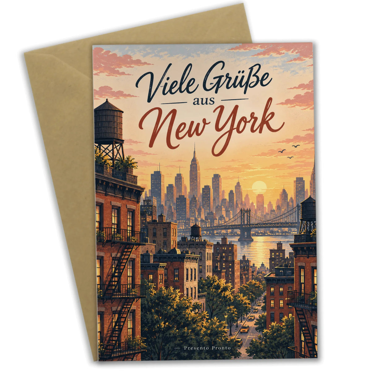 Herzliche Grußkarte aus New York mit Skyline zur goldenen Stunde