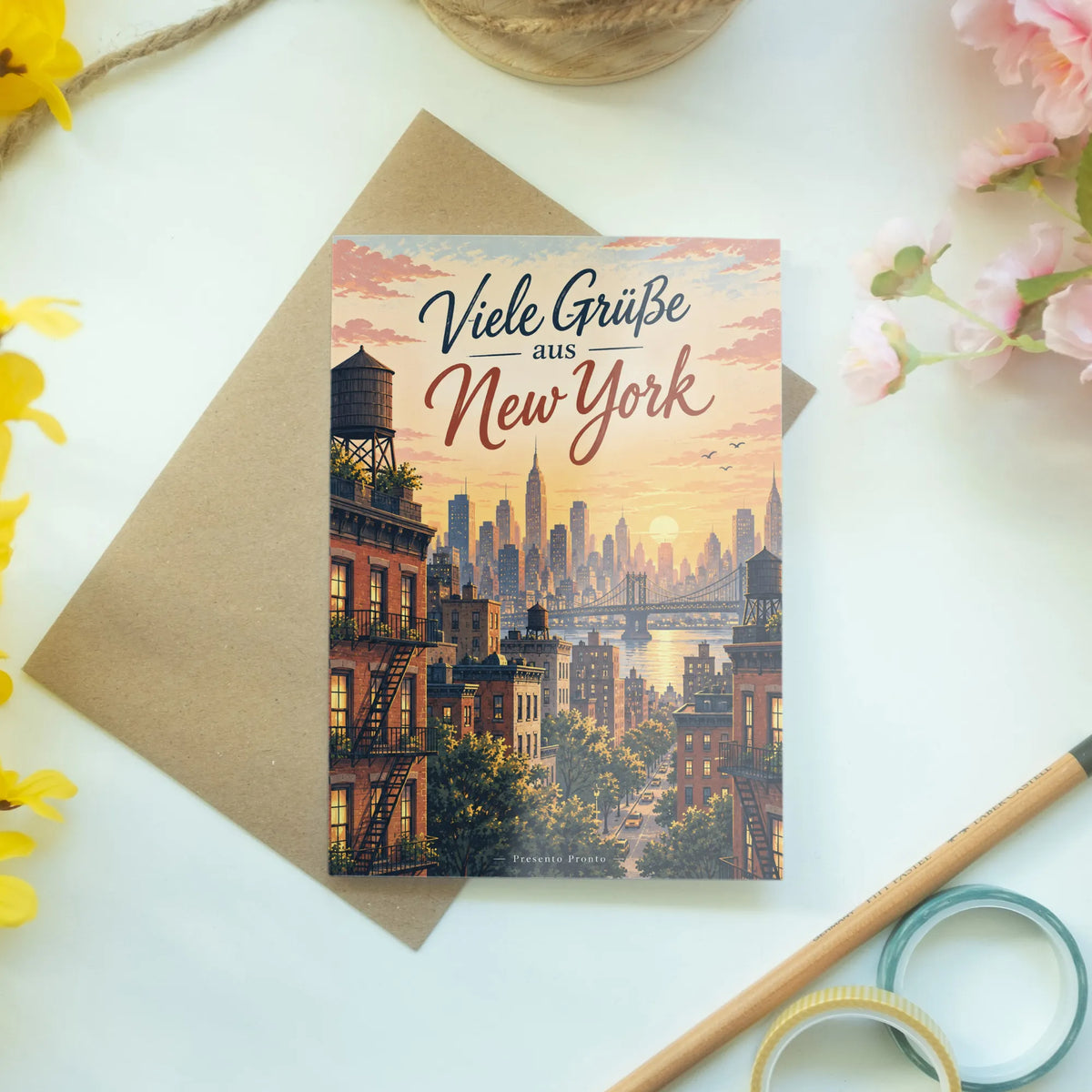 Herzliche Grußkarte aus New York mit Skyline zur goldenen Stunde