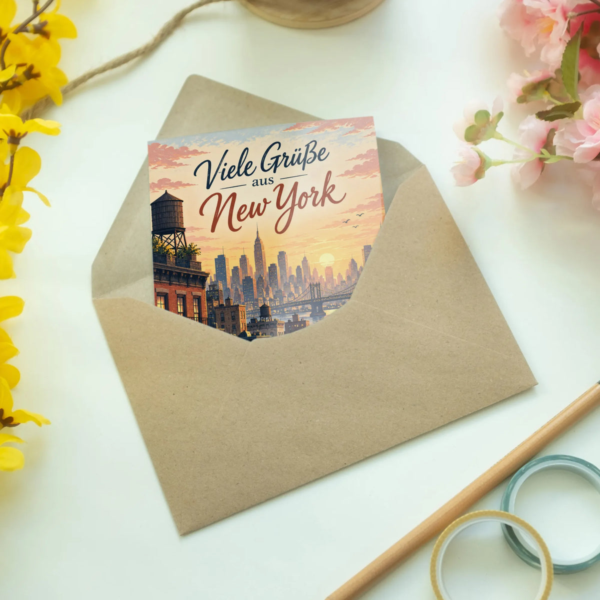 Herzliche Grußkarte aus New York mit Skyline zur goldenen Stunde