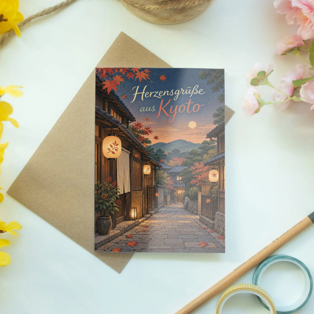 Herzliche Kyoto Grußkarte für Japanfans mit Laternenstraße|p:2023474|h:60c6611c8cd37fd51b78830f8efd185b