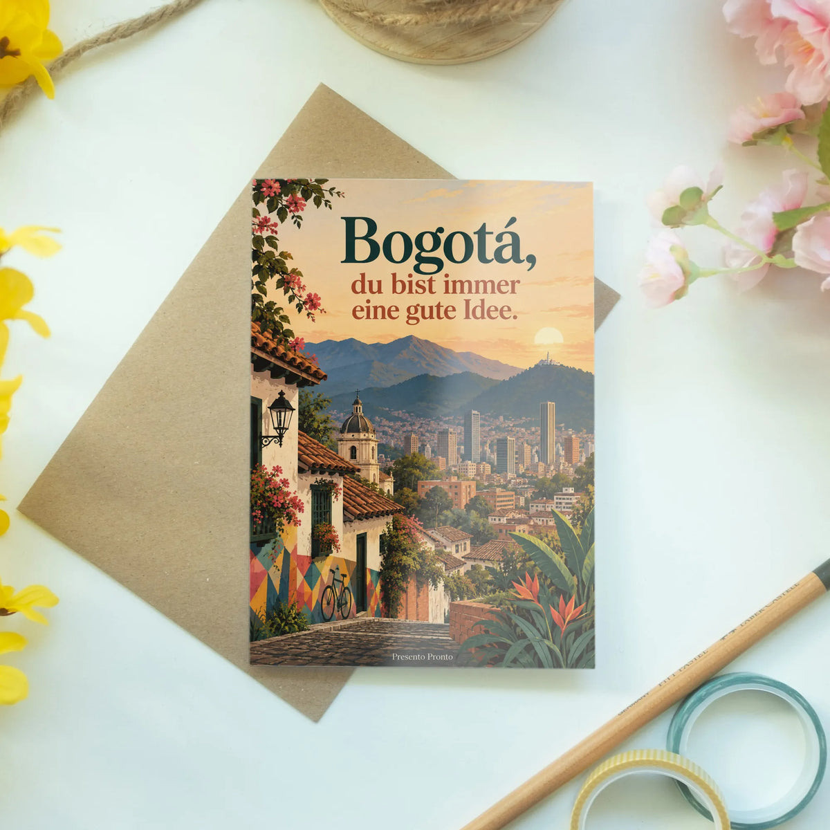 Elegante Bogotá Reisegrüße mit Skyline zur goldenen Stunde