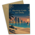 Herzliche Urlaubsgrüße aus Doha mit Skyline am Abend
