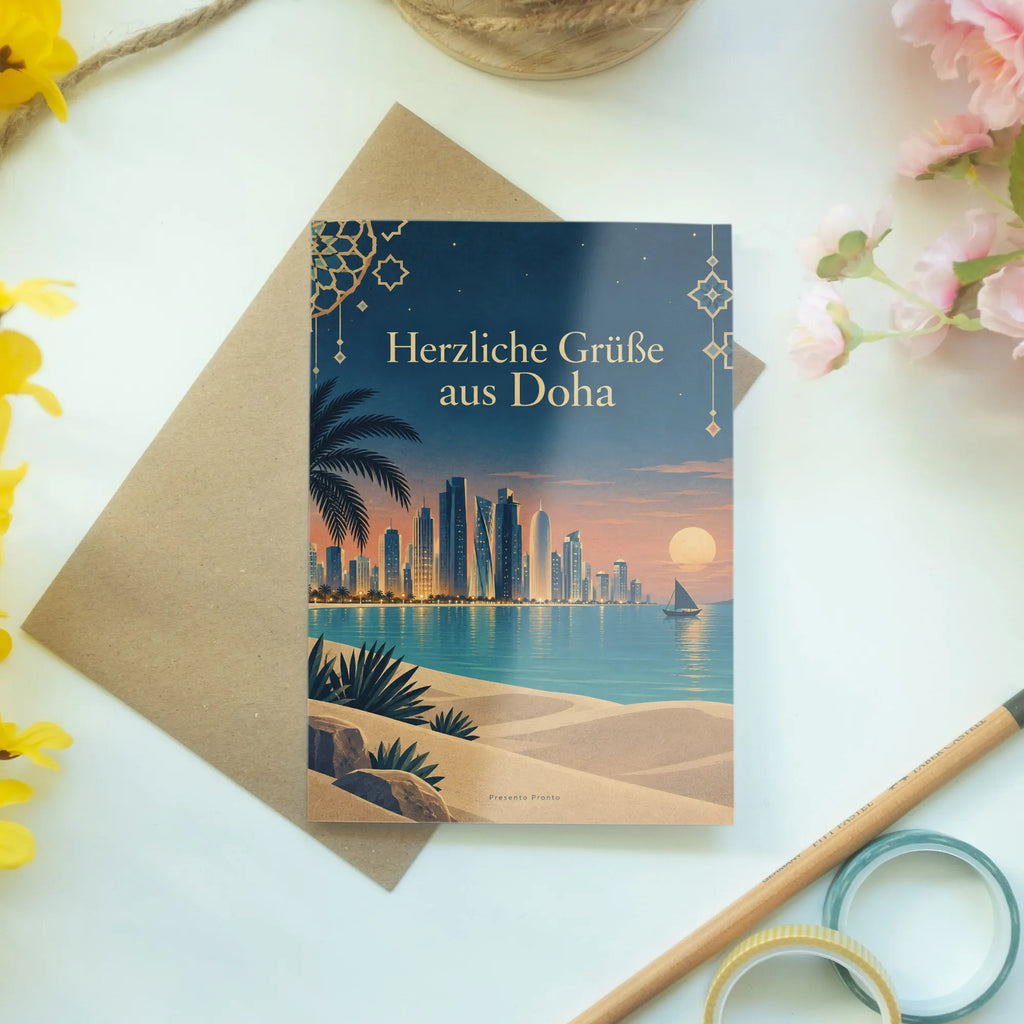 Herzliche Urlaubsgrüße aus Doha mit Skyline am Abend|p:2023487|h:a210b62b4bcfbb1c59328018edcb6dba