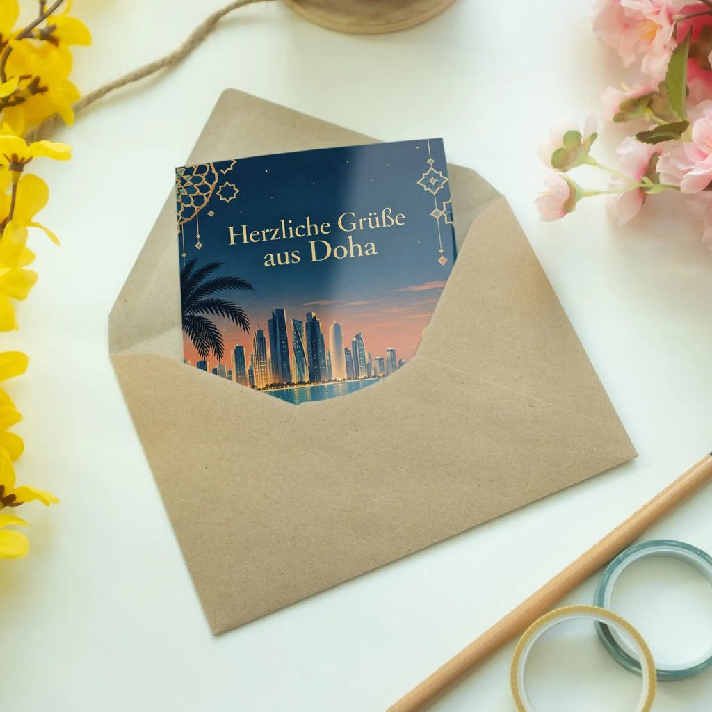 Herzliche Urlaubsgrüße aus Doha mit Skyline am Abend|p:2023487|h:e36aeced19b0295dc0c1dc26160bd535