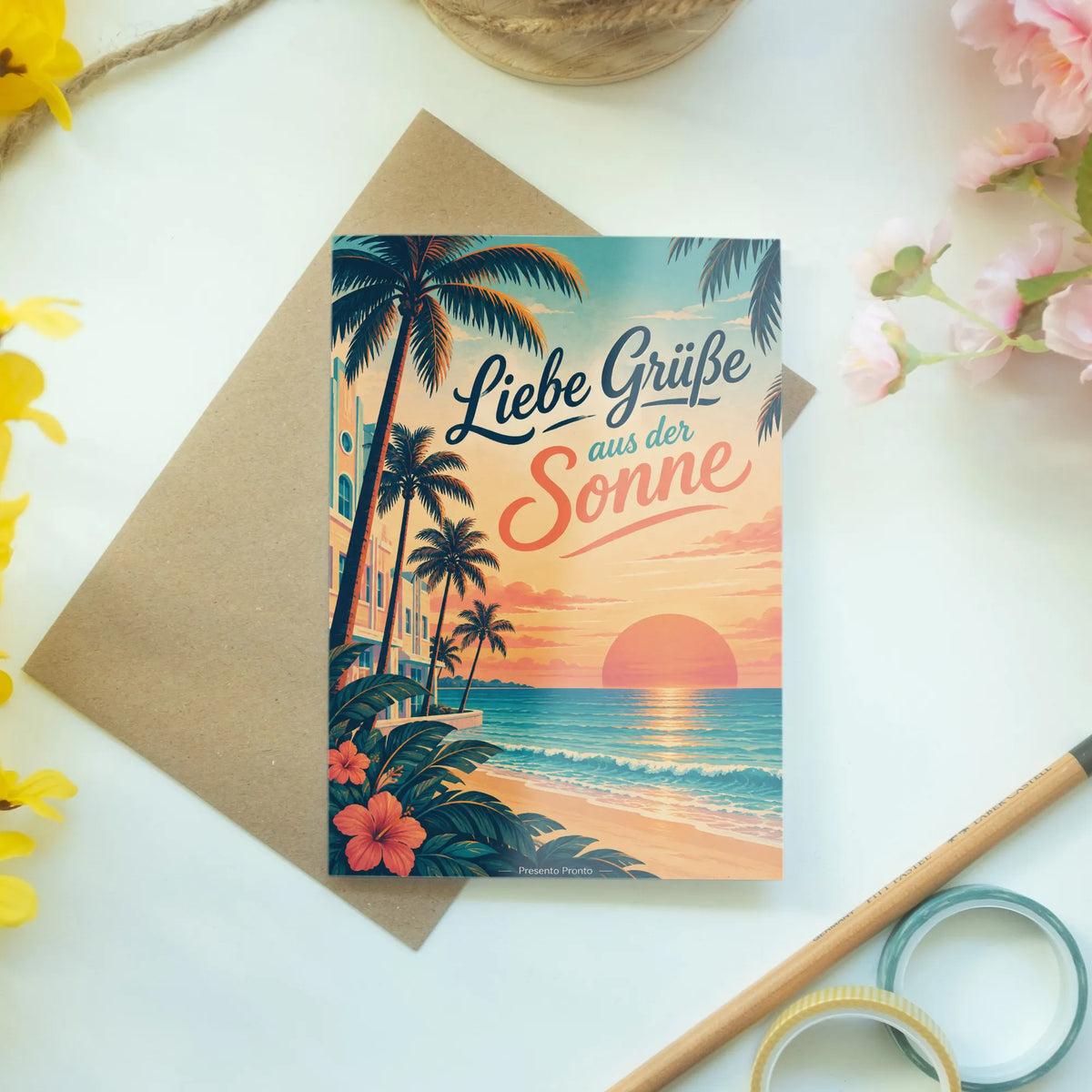 Sommerliche Grußkarte Miami mit Palmen am Meer
