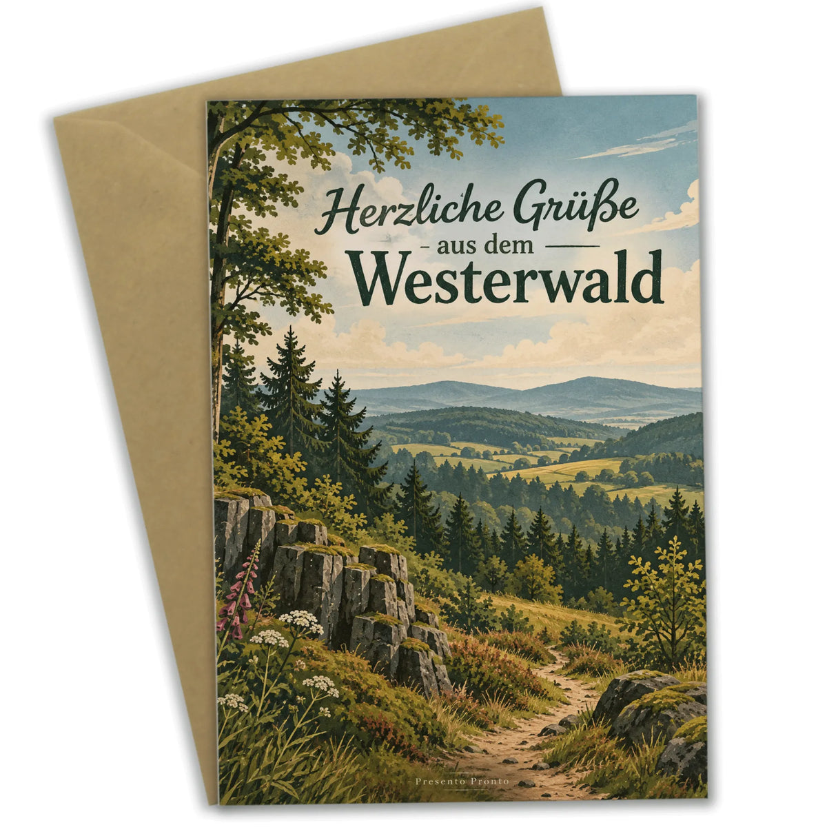 Herzliche Grußkarte aus dem Westerwald mit Waldhügeln