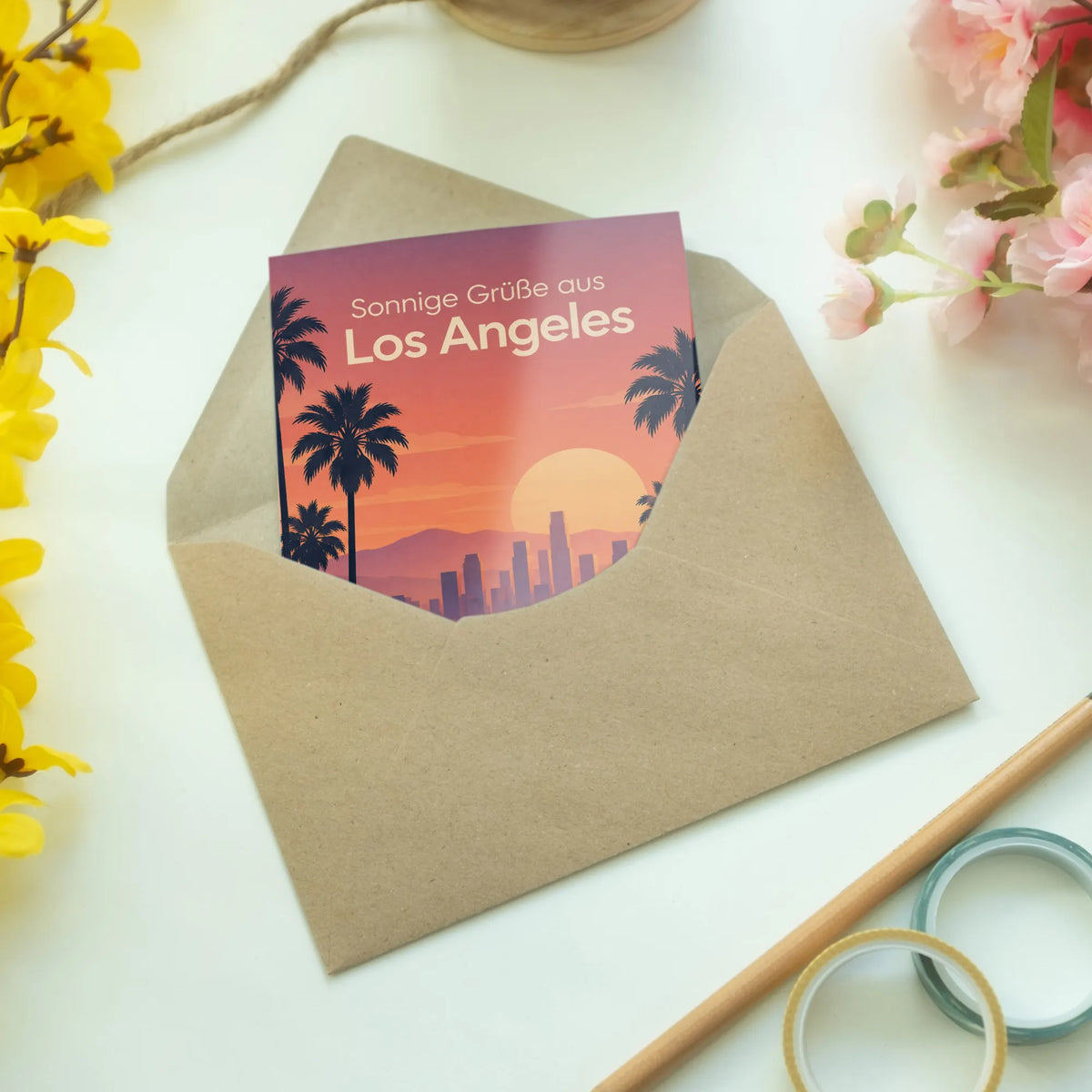 Sonnige Grußkarte für Urlaub aus Los Angeles mit Palmen