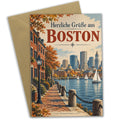 Herzliche Grußkarte aus Boston mit Hafen und Stadtsilhouette