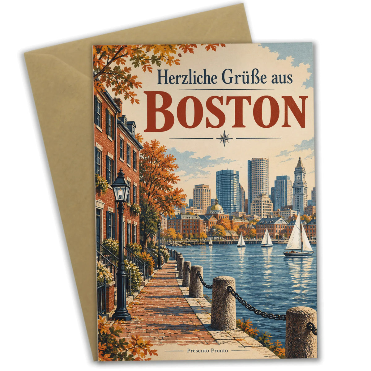 Herzliche Grußkarte aus Boston mit Hafen und Stadtsilhouette