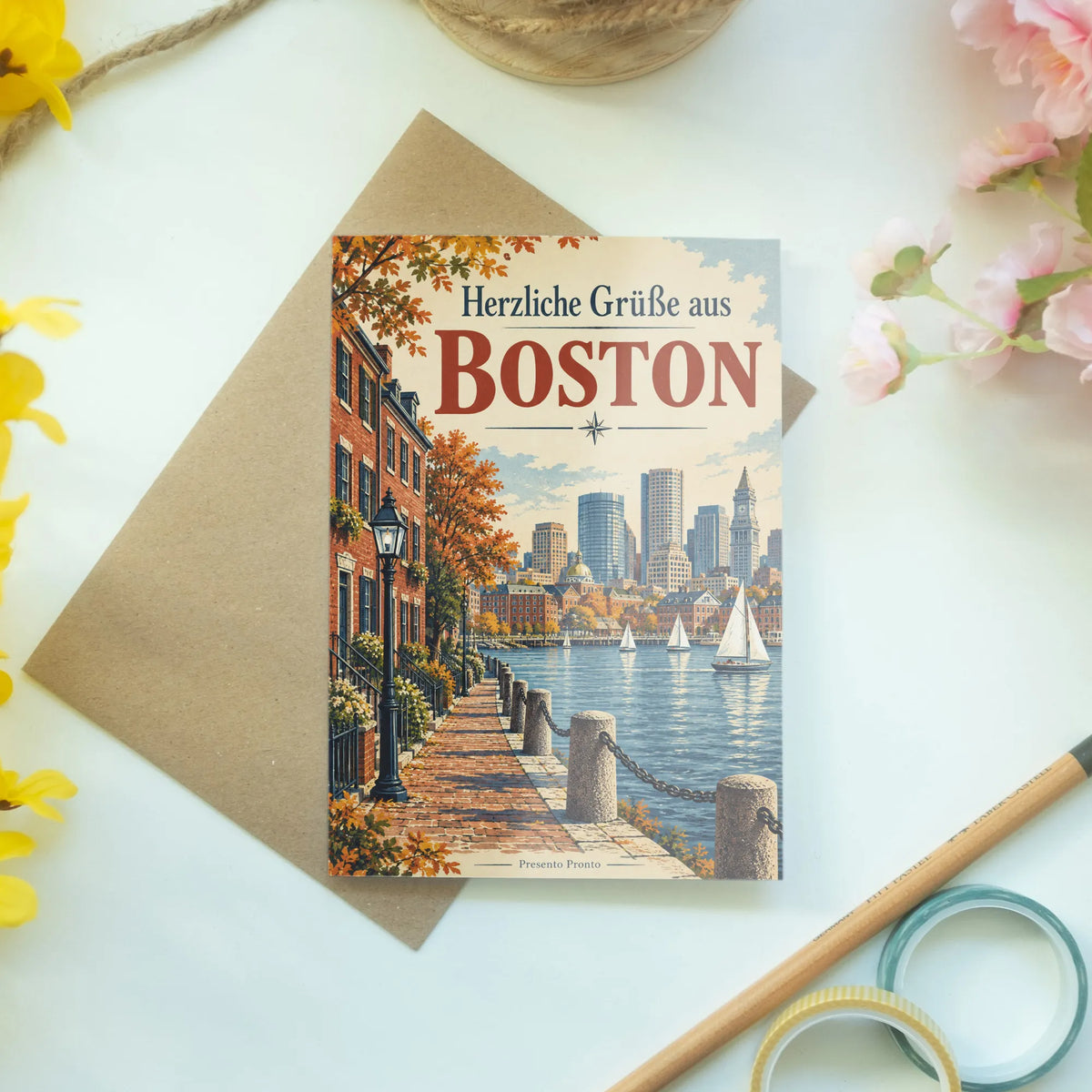 Herzliche Grußkarte aus Boston mit Hafen und Stadtsilhouette