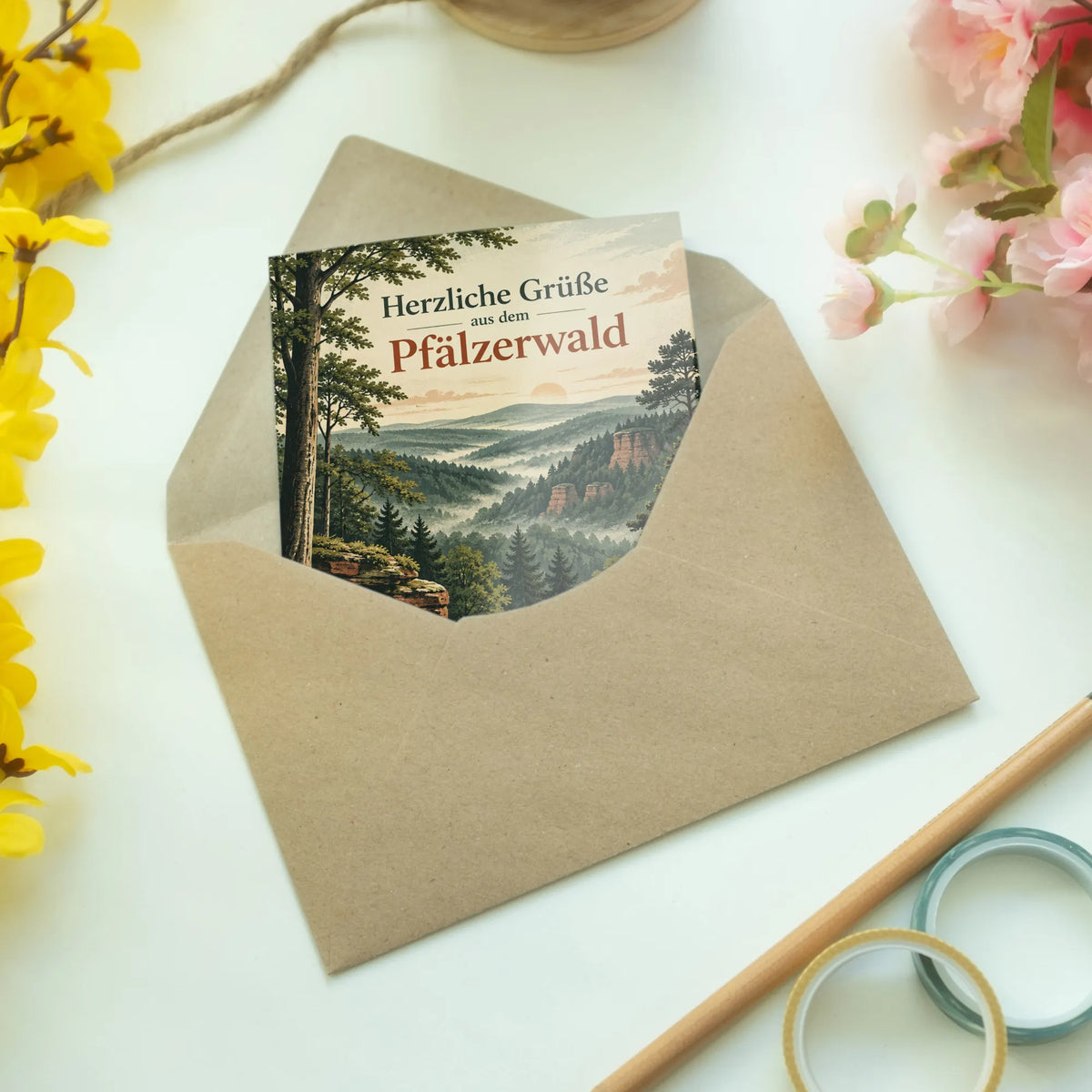 Herzliche Grußkarte aus dem Pfälzerwald mit Wanderweg