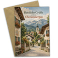 Herzliche Grußkarte aus Oberammergau für Urlaubsgrüße mit Alpendorf