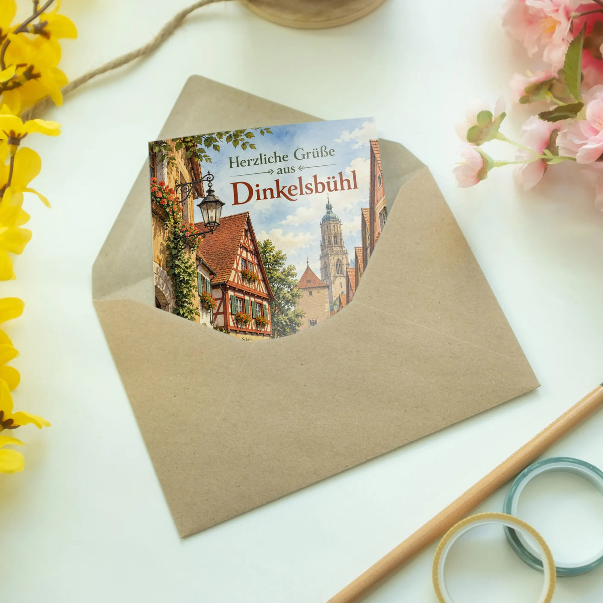 Herzliche Grußkarte aus Dinkelsbühl mit Fachwerkhäusern