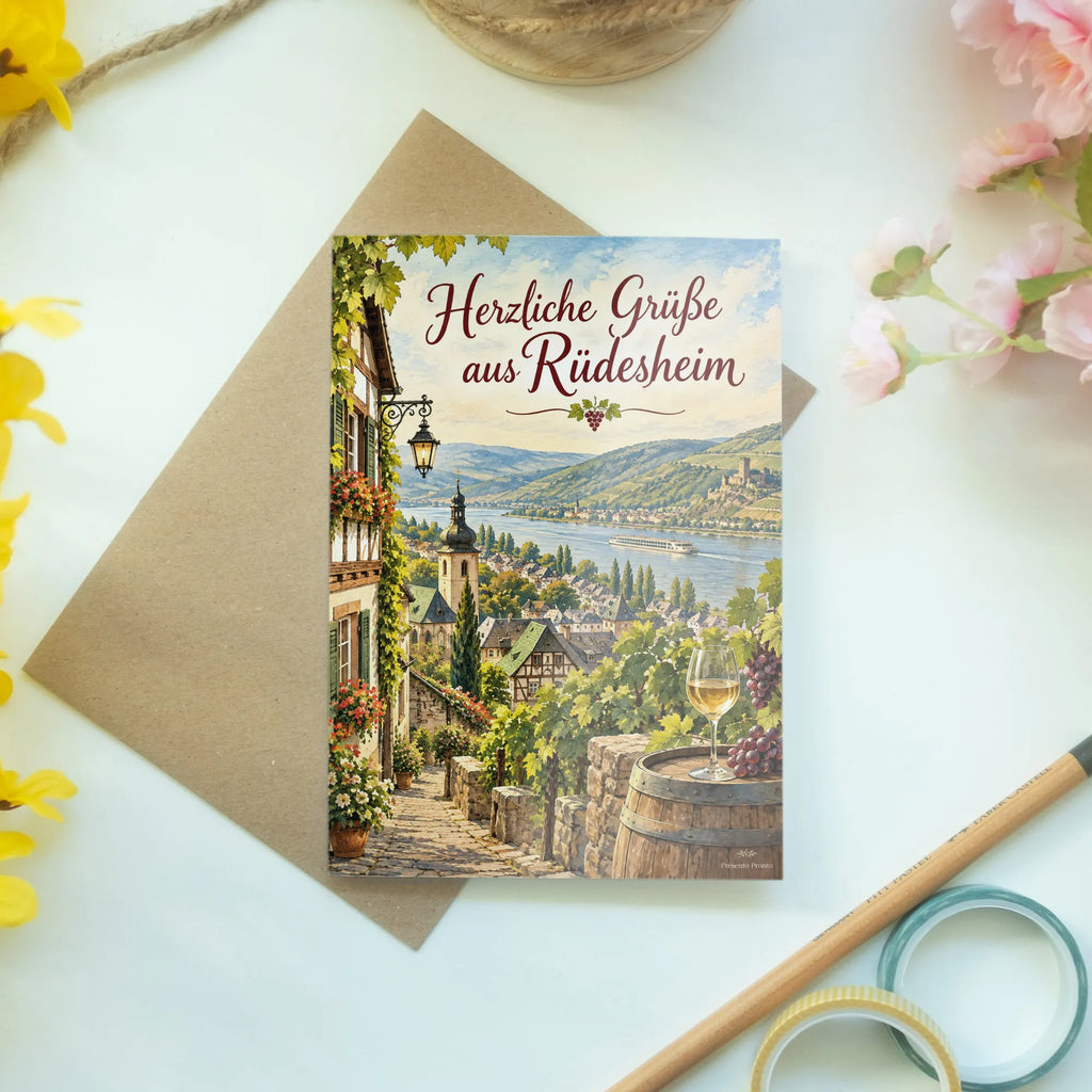 Herzliche Grußkarte aus Rüdesheim mit Weinbergen am Rhein|p:2023498|h:b5383d12118d01512af34ac943fcf6e0